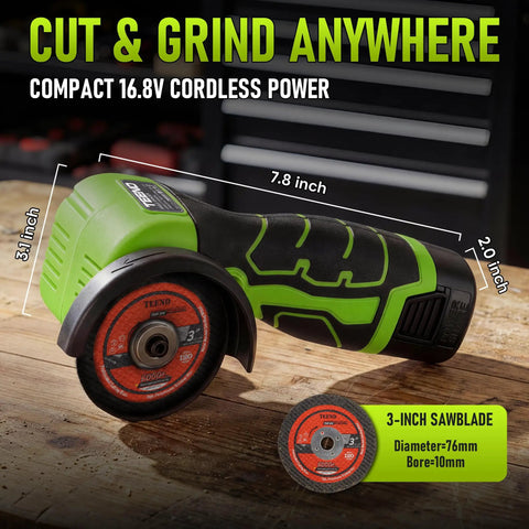 3 Inch Mini Cordless Angle Grinder Delivering Top Shelf 16.8V Power, compact design with 3-inch blade on a workbench.