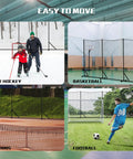 Heavy Duty Ball Stop Net System 40Ft By 12Ft 2 In 1 Portable Backstop Net for various sports environments, including ice hockey and basketball.