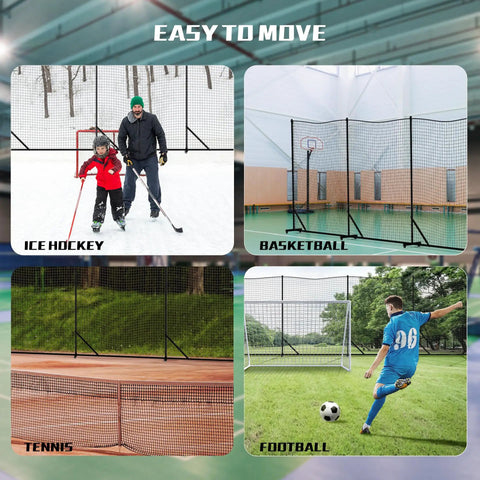 Heavy Duty Ball Stop Net System 40Ft By 12Ft 2 In 1 Portable Backstop Net for various sports environments, including ice hockey and basketball.