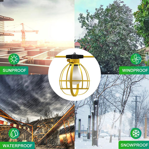 Image of 200 Foot Construction String Lights With 20 Bulbs And 20 Medium Base Sockets, 200W Work Lights Deliver 21000 Lumens, Linkable Temporary Lighting For Indoor And Outdoor Job Sites, Workshops, And Basements, showing durability in sun, wind, rain, snow conditions.
