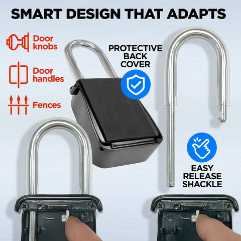 Alpha Key Lock Box 12 Pack With Code For Realtors And Property Managers And Short Term Rentals Outdoor Weatherproof Key Safe That Holds Five Keys For Easy Agent And Guest Access Black, showing smart design and adjustable shackle for door knobs or fences.