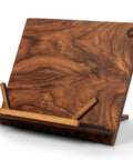 Walnut Wood Cookbook Stand Hands Free Reading For Kitchen Tablet Holder showing wood texture and adjustable support