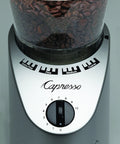 Top Shelf Conical Burr Coffee Grinder Featuring Commercial Steel Burrs Hella Adjustable Settings From Turkish Fine To French Press Coarse with bean container.