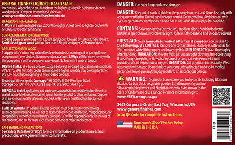 Flint Gray Oil Based Wood Stain One Quart Penetrating Finish For Furniture And Cabinets safety label with usage instructions.