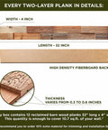 Diagram showing size and layers of Weathered Siberian Pine Wall Panels Kit With 12 Reclaimed Shiplap Boards For Rustic Home Decor.