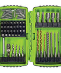 Open case of Pro Grade Drill And Driver Set Kit With Titanium Nitride Bits, showcasing various drill and driver bits inside.