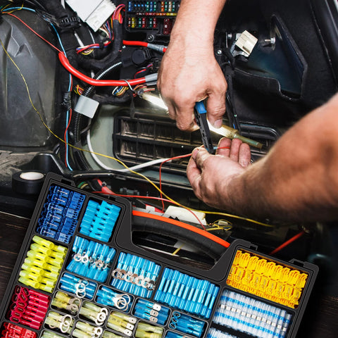 Kuject heat-shrink wire connector kit with assorted insulated terminals in a plastic case.