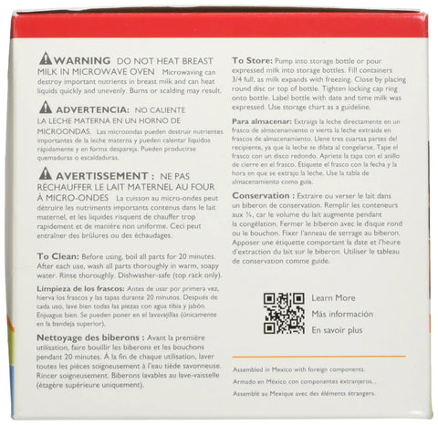 Warning and care instructions on Straight Fire Breast Milk Storage Bottles Pack Two for safe storage in fridge and freezer.