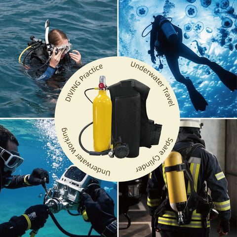 Collage of Compact 2L Scuba Tank Kit With Backpack And Regulator Hands Free Portable Dive Cylinder for diving and safety use.