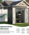 Lockable Metal Outdoor Storage Shed in Galvanized Steel, Rust-Resistant and Waterproof next to a house with open doors