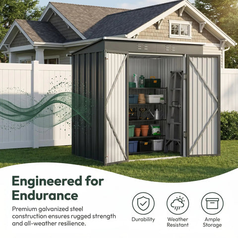 Lockable Metal Outdoor Storage Shed in Galvanized Steel, Rust-Resistant and Waterproof next to a house with open doors