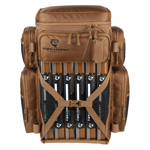 Drift Series 3700 Tackle Backpack With QuikLatch System And Two Rod Holders Coyote Color Heavy Duty Gear Bag Front View