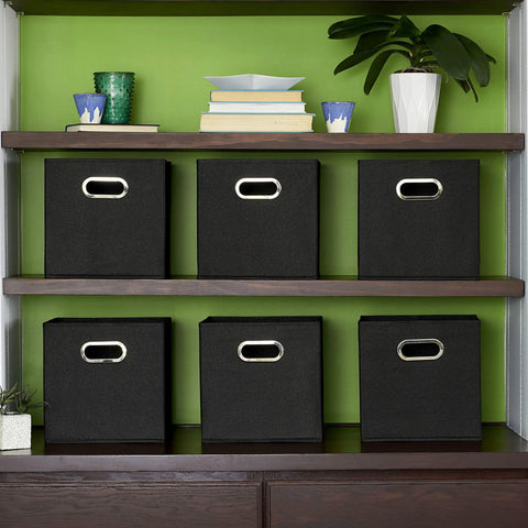 Six Piece Set Foldable Fabric Storage Bins Featuring Rock Solid Chipboard Panels And Grommet Handles Stackable Closet Organizer Game Changer For Small Spaces And College Dorms Black
