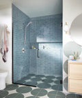 Ignite Chrome Handheld Shower System With Modern Sleek Design And Mirror Like Finish Boss Level Spa Vibe installed in a contemporary bathroom