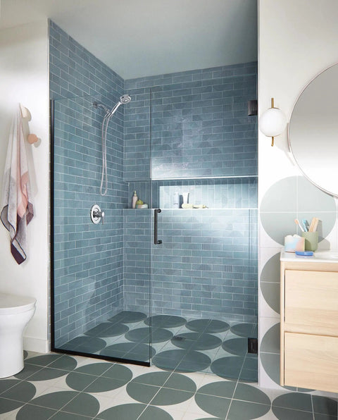 Ignite Chrome Handheld Shower System With Modern Sleek Design And Mirror Like Finish Boss Level Spa Vibe installed in a contemporary bathroom