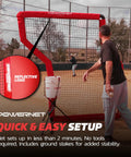 Man setting up Portable Baseball Practice Net For Pitching And Hitting, 7 Ft Z Screen, red color, durable for left and right throwers.