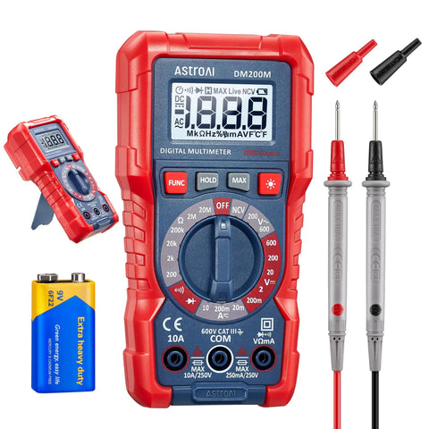 TRMS Digital Multimeter For DIY Electrical Projects, 2000 Counts, showing probes and battery, compact design for home inspections