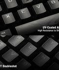 Close-up of keys showcasing UV-Coated ABS and PBT Doubleshot keycap materials on Badass Full Size Mechanical Gaming Keyboard.