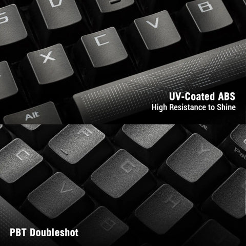 Close-up of keys showcasing UV-Coated ABS and PBT Doubleshot keycap materials on Badass Full Size Mechanical Gaming Keyboard.