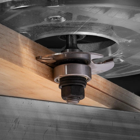 9/16 Inch Depth Slotting Cutter Set With Arbor And Bearing, Silver Ice Coated, installed on router cutting wood