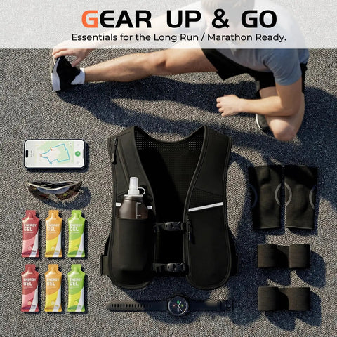 Running essentials with unisex hydration vest with adjustable chest straps, lightweight reflective pack, and 500ml soft flask