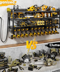 49.5 Inch Wide Power Tool Organizer Wall Mount With Built In Charging Station And Four Tier Heavy Duty Drill And Tool Holder for garage, installed, showing tool organization versus cluttered workbench.