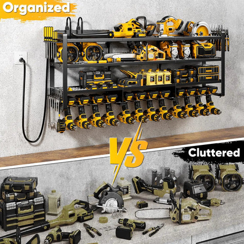 49.5 Inch Wide Power Tool Organizer Wall Mount With Built In Charging Station And Four Tier Heavy Duty Drill And Tool Holder for garage, installed, showing tool organization versus cluttered workbench.