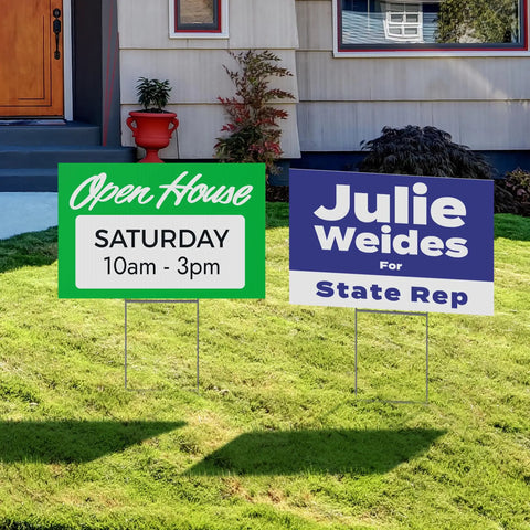 Double Sided Customizable Outdoor Yard Sign Made From Corrugated Plastic With Metal H Stake For Biz Garage Sale Home Or Office Use Easy To Design And Read 18x24 Inches displayed on a lawn.