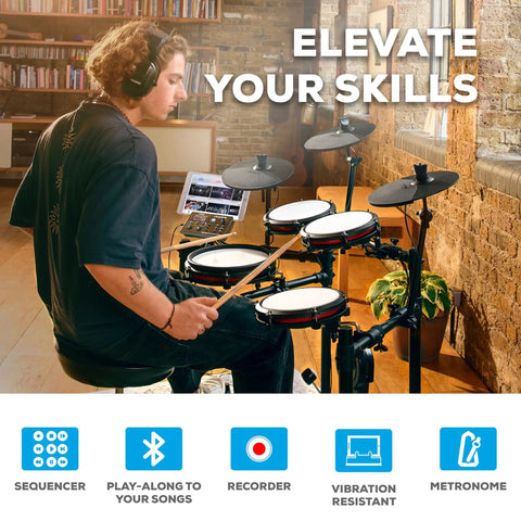 Person playing 8 Piece Electronic Drum Kit With Quiet Mesh Heads For Beginners 10 Inch Dual Zone Snare Three 8 Inch Mesh Toms