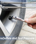 Using tire gauge from 9 Piece Air Compressor Accessories Kit With 25 Foot One Quarter Inch PVC Hose, Brass Fittings, Quick Connect Coupler, Blow Gun, Tire Gauge, Chuck And More, 300 PSI Rated For Auto Shop And DIY Projects to check tire pressure on car wheel