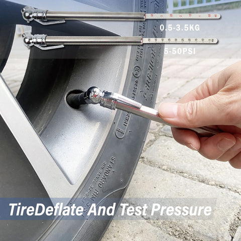 Using tire gauge from 9 Piece Air Compressor Accessories Kit With 25 Foot One Quarter Inch PVC Hose, Brass Fittings, Quick Connect Coupler, Blow Gun, Tire Gauge, Chuck And More, 300 PSI Rated For Auto Shop And DIY Projects to check tire pressure on car wheel