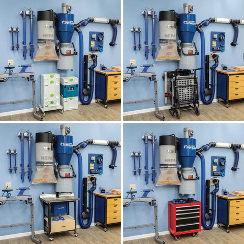 Rockler Dust Right Wall Mount Drum Brackets For 20 Gallon HEPA Cyclone Dust Collector in workshop with tool organization.