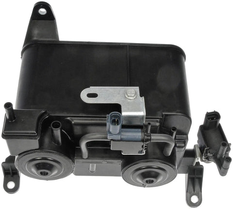 Black vapor canister direct replacement for Toyota emissions system, detailed angle. Vapor Canister Direct Replacement For Toyota Emissions System Drops In