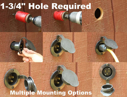Installation and features of 15 Amp AC Power Inlet Port Charger Plug showing multiple mounting options
