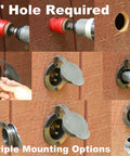 Outdoor 15 Amp NEMA 5-15 Flanged Outlet Weatherproof Receptacle Black Surface Mount with Covers shown on wood surface