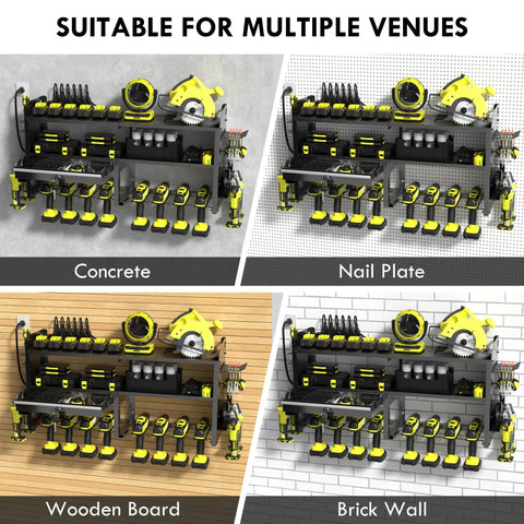 Power Tool Organizer Wall Mount With Drill Holder, Grinder Bracket, Hammer And Pliers, Locking Drawer, mounted on various walls