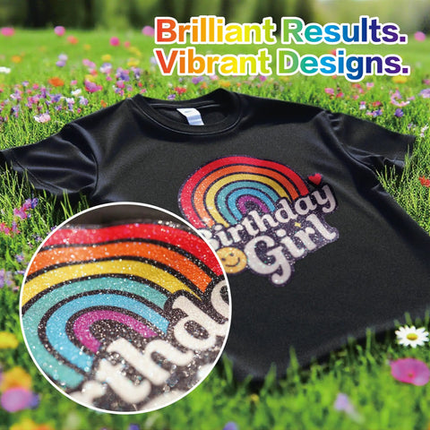 All In One Glitter Sublimation Vinyl And Printable Paper Pack for Easy Iron On Projects featuring colorful rainbow design on fabric