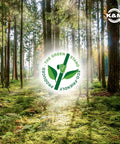 Forest with green eco-friendly stand logo and K&M branding, emphasizing sustainability and environmental focus.