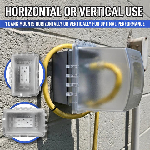 1-Gang Weatherproof Outdoor Outlet with Extra Deep 5 1/4 Inch Lockable Cover, mounted horizontally on a wall.