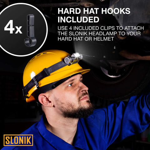 Worker wearing yellow helmet with Rechargeable 1000 Lumen Headlamp for Adults with 60 Foot Beam and 6 Brightness Levels.