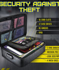 Open Go To Fireproof Document Organizer With Lock Safe For Home Office And Travel showing compartments for cards, flash drives, binders, and more.