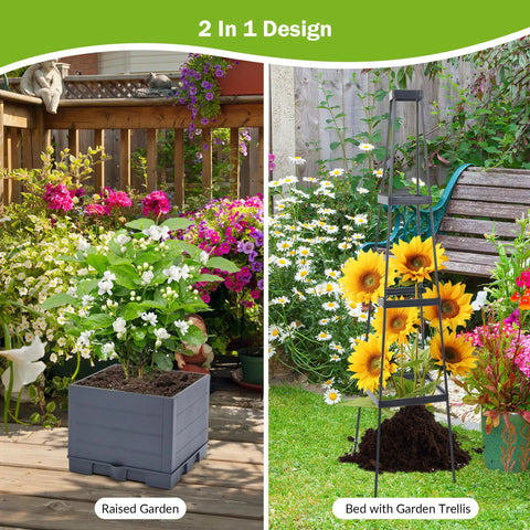 4 Tier Tomato Planter With Box Trellis, 56 Inch Raised Garden Bed Boxes, shown with flowers in outdoor setting