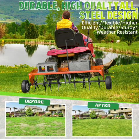 48 Inch Tow Behind Lawn Aerator With Universal Hitch Plug Aerator Steel Construction Tray And Inflatable Wheels