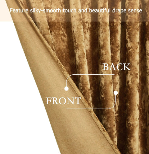 Close-up of Lux Caramel Gold Crushed Velvet Curtains Two Panel Set With Rod Pocket showing front and back texture details.