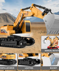 RC Construction Vehicle Set With Excavator and Dump Truck includes barricades, road signs, rocks; kid-tested dual remote control.