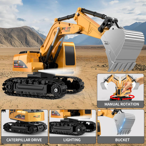 RC Construction Vehicle Set With Excavator and Dump Truck includes barricades, road signs, rocks; kid-tested dual remote control.