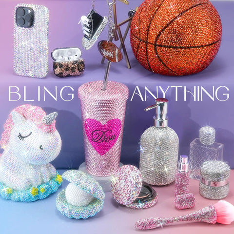 All-In-One Bedazzling Kit With 35,000 Resin Jelly Rhinestones in 24 Bright Colors on phone case, tumbler, and accessories