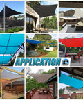 Various outdoor setups with Sand Beige 10x10 Square Sun Shade Sail Canopy UPF50 Plus, showcasing residential and commercial use.