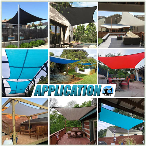 Various outdoor installations of Beige 8 By 10 Foot Shade Sail Canopy for residential use, HDPE mesh, UV block, cooling design.
