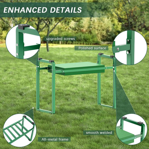 Heavy Duty Garden Kneeler And Seat With Extra Wide 10.2 Inch EVA Cushion, durable metal frame details in green on grass